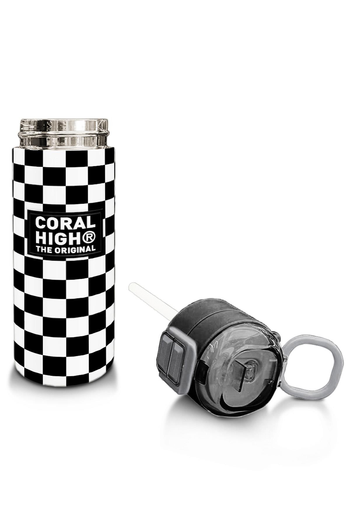 Coral High Kids Siyah Beyaz Dama Desenli Pipetli ve Direkt İçim Çelik Termos 500 ml 31877
