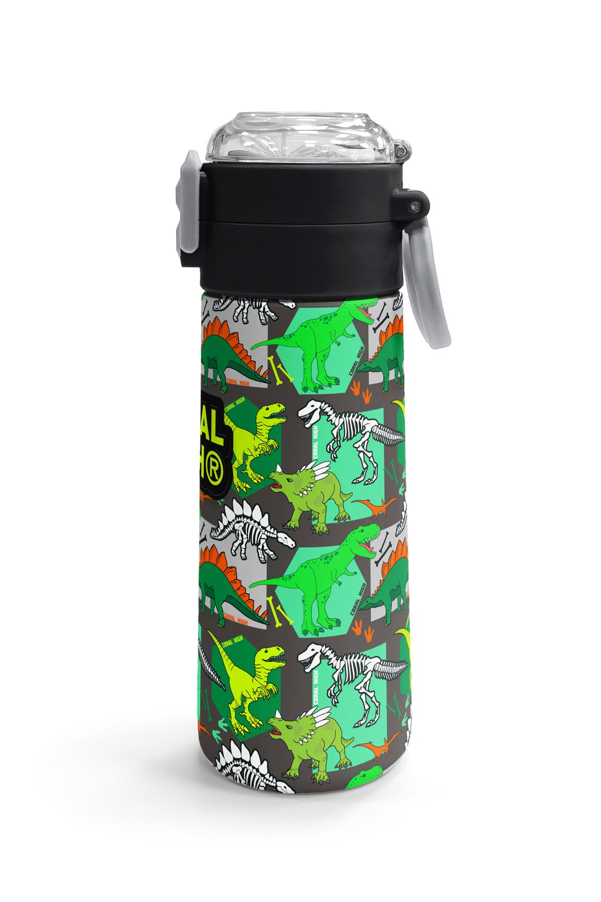 Coral High Kids Gri Yeşil Dinozor Desenli Pipetli ve Direkt İçim Çelik Termos 500 ml 31976