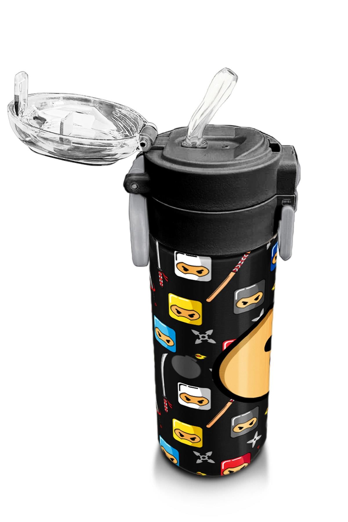 Coral High Kids Siyah Ninja Desenli Pipetli ve Direkt İçim Çelik Termos 500 ml 31919