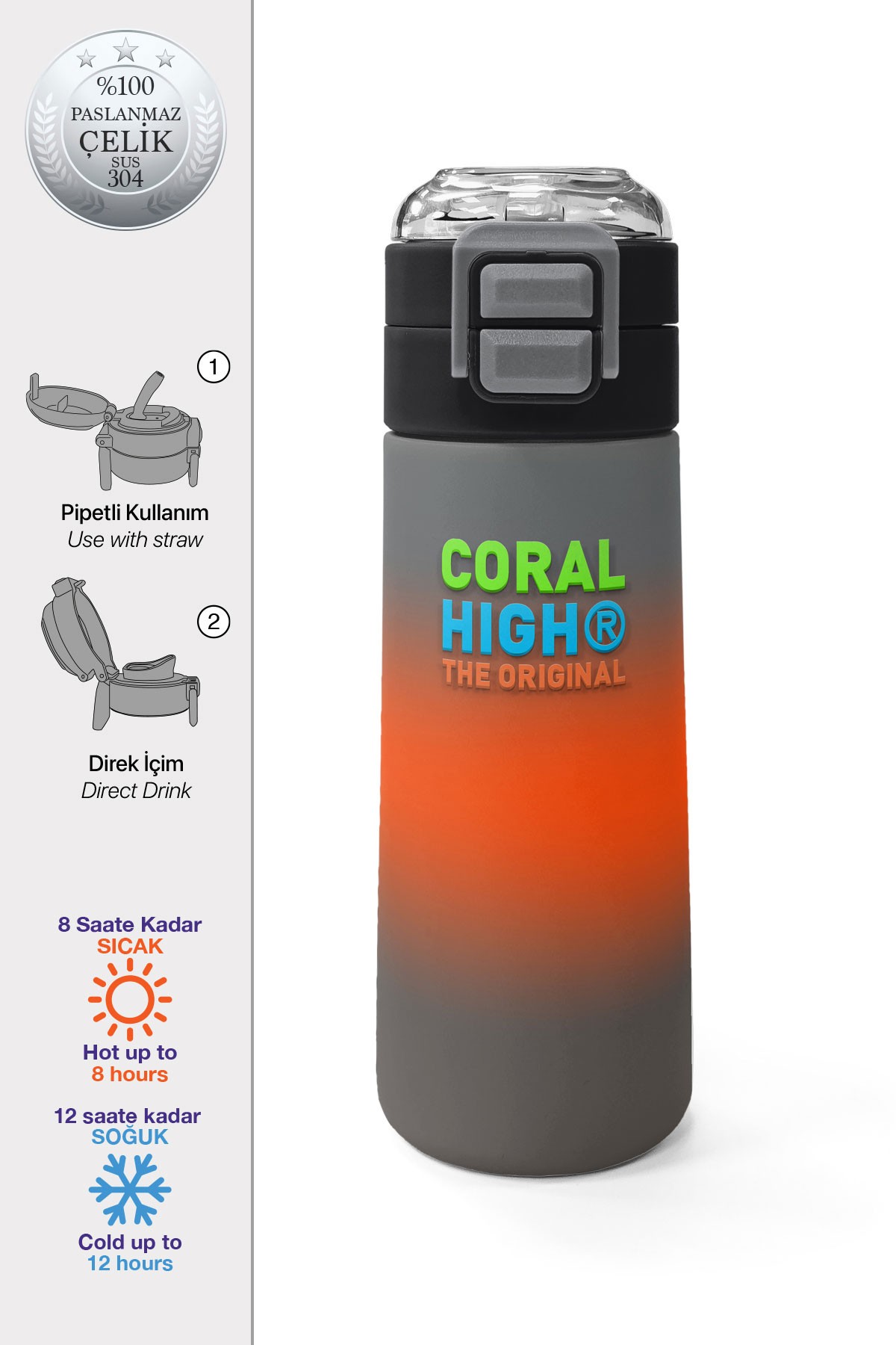 Coral High Kids Gri Turuncu Renk Geçişli Pipetli ve Direkt İçim Çelik Termos 500 ml 31949