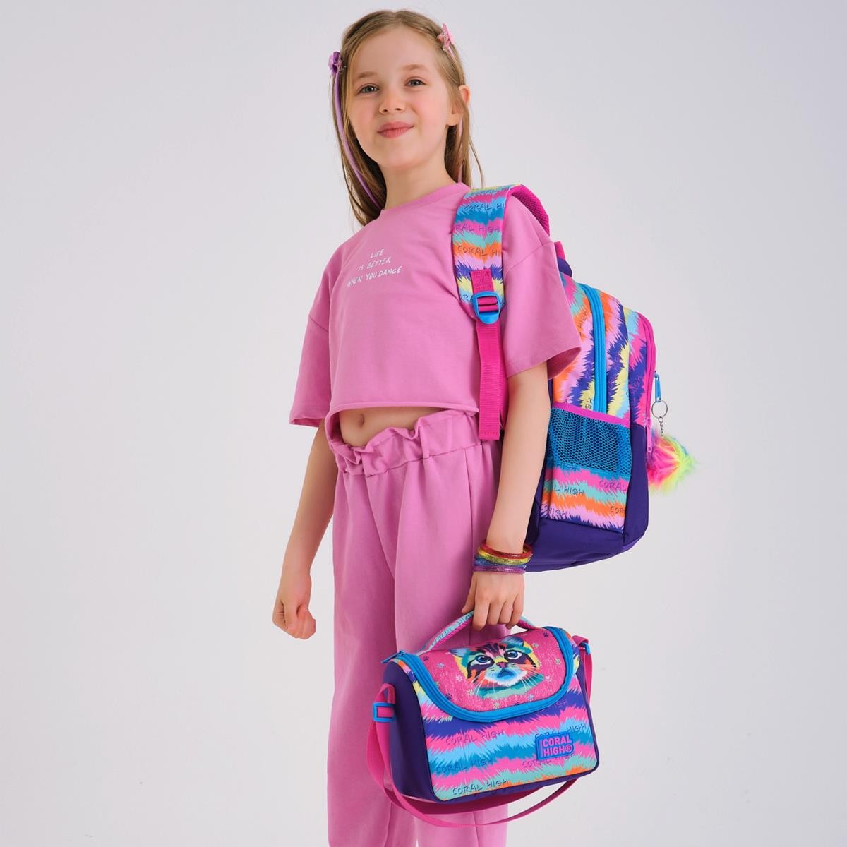 Coral High Kıds Mor Pembe Kedi Desenli 3’lü Okul Çanta Seti SET0123477