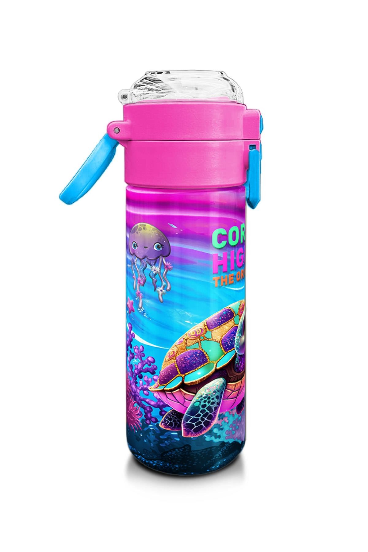 Coral High Kids Pembe Mor Kaplumbağa Desenli Pipetli ve Direkt İçim Çelik Termos 500 ml 31957