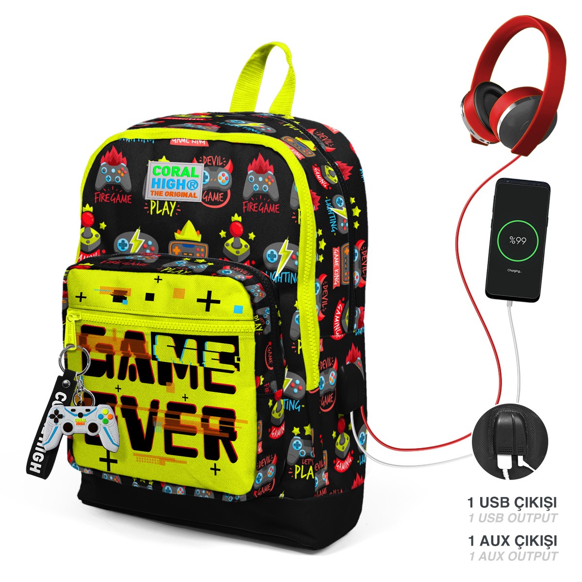 Coral High Kids Siyah Neon Sarı Game Over Desenli Dört Bölmeli  USB'li Okul Sırt Çantası 23828