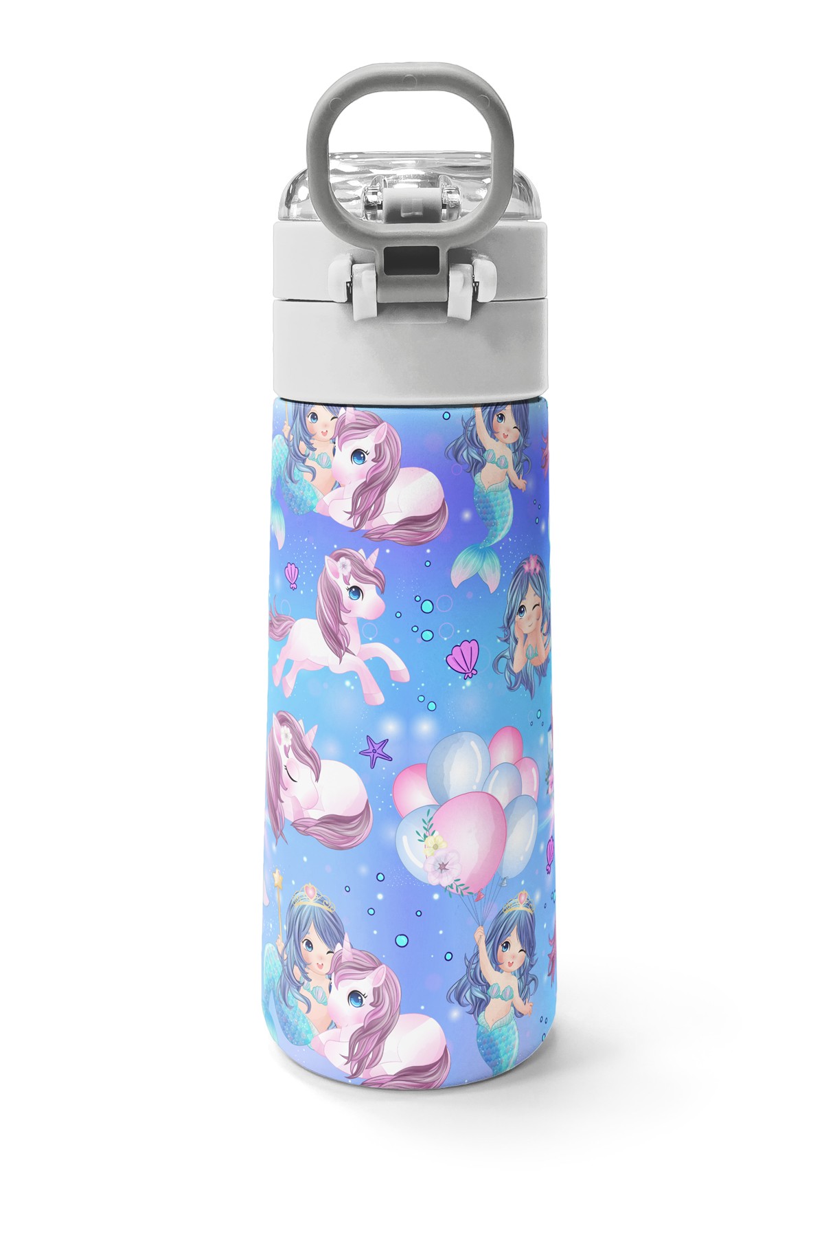 Coral High Kids Mor Pembe Unicorn Deniz Kızı Desenli Pipetli ve Direkt İçim Çelik Termos 500 ml 31982