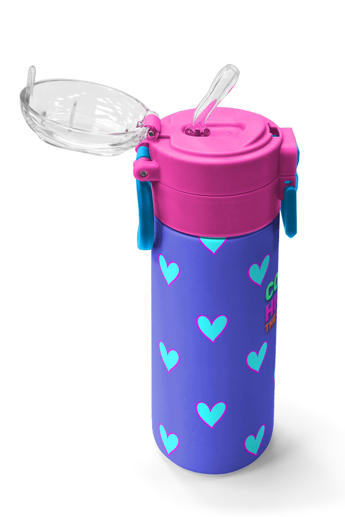 Coral High Kids Lavanta Pembe Kalp Desenli Pipetli ve Direkt İçim Çelik Termos 500 ml 31922