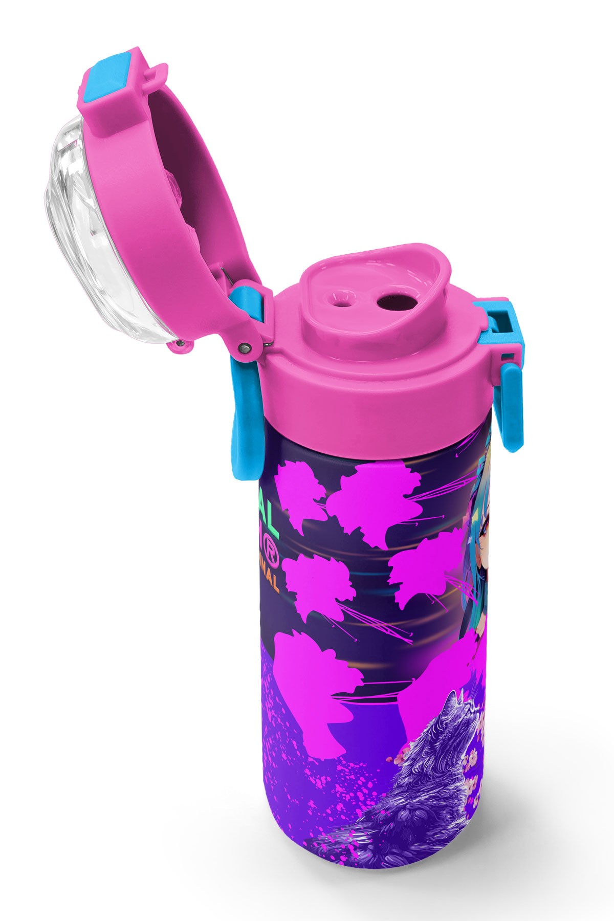 Coral High Kids Mor Pembe Anime Kedi Desenli Pipetli ve Direkt İçim Çelik Termos 500 ml 31954
