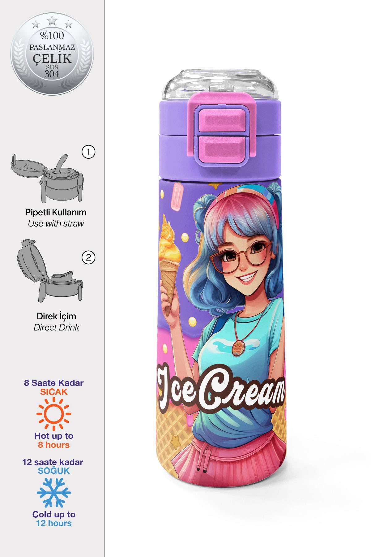 Coral High Kids Pembe Turkuaz K-Pop Desenli Pipetli ve Direkt İçim Çelik Termos 500 ml 31989