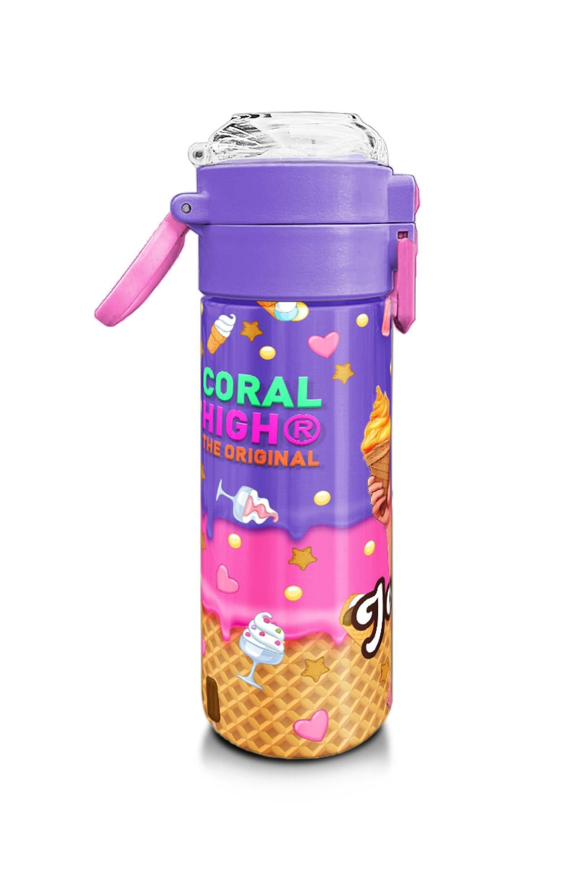 Coral High Kids Pembe Turkuaz K-Pop Desenli Pipetli ve Direkt İçim Çelik Termos 500 ml 31989