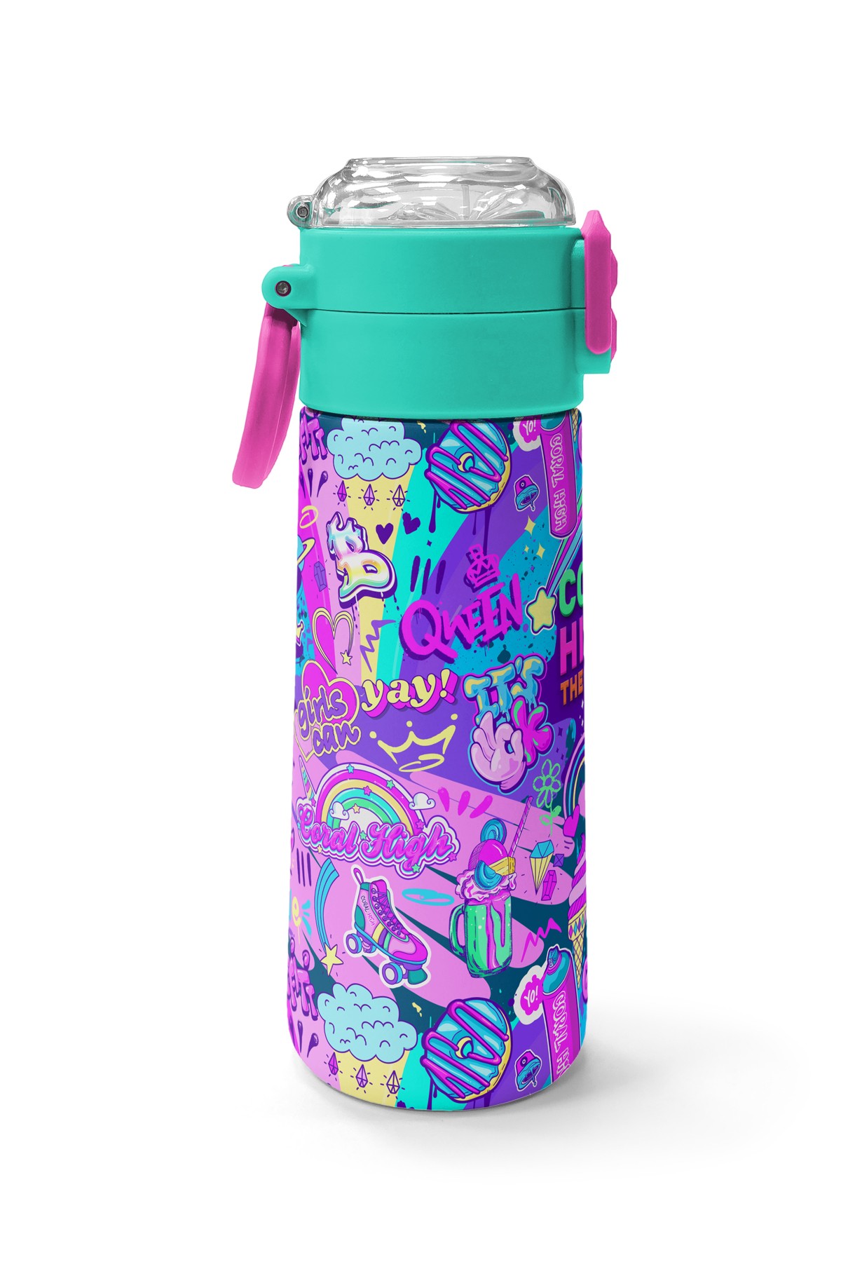 Coral High Kids Pembe Mor Voleybol Desenli Pipetli ve Direkt İçim Çelik Termos 500 ml 31962