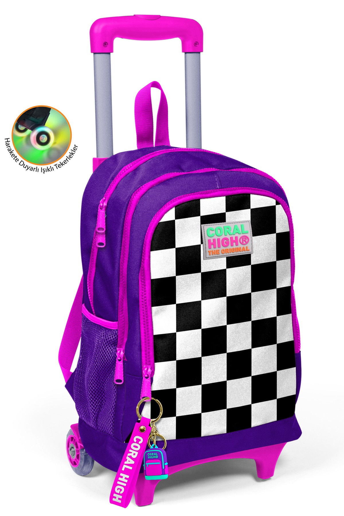 Coral High Kids  Mor Dama Desenli Üç Bölmeli Çekçekli Okul Sırt Çantası 23902