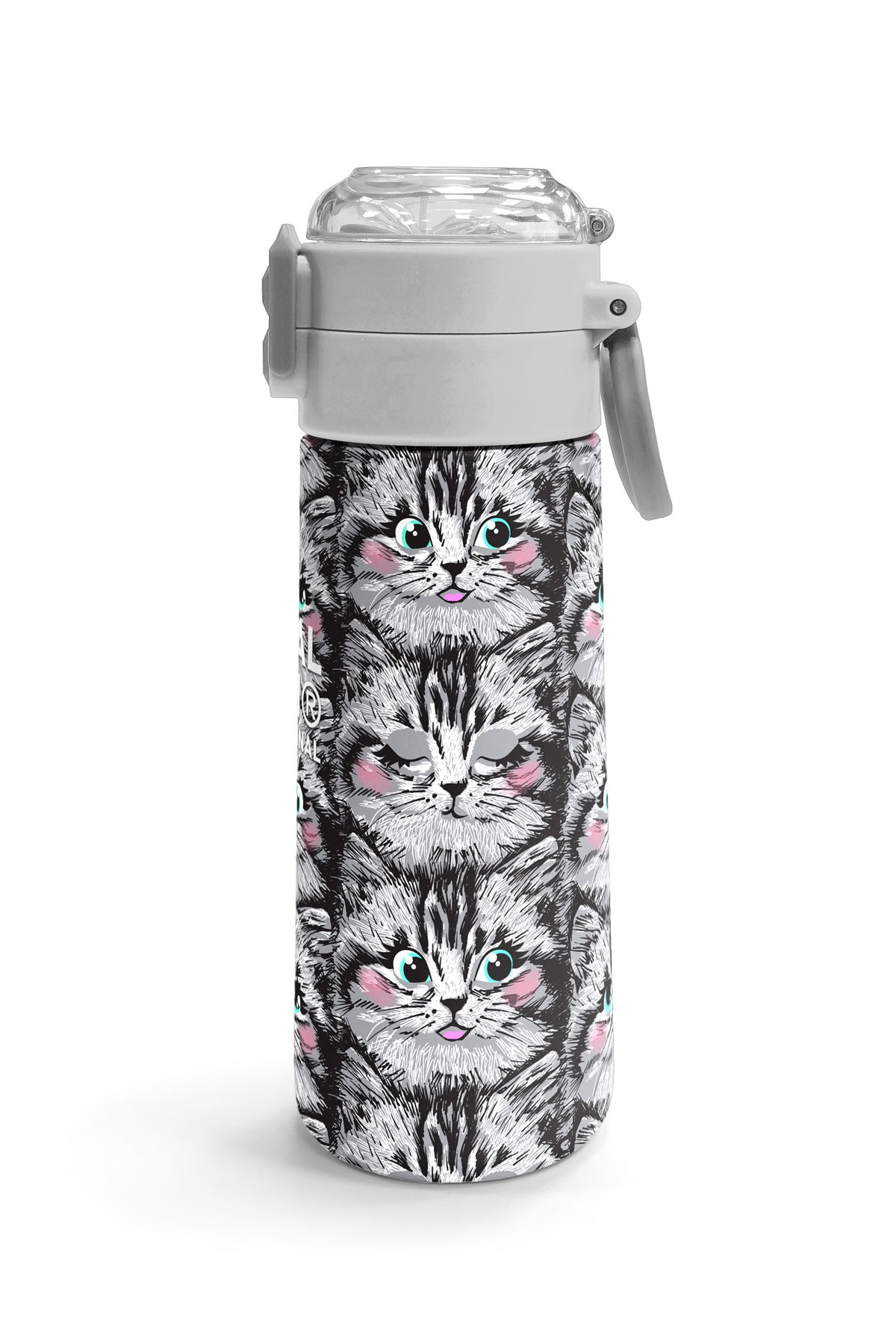 Coral High Kids Gri Kedi Desenli Pipetli ve Direkt İçim Çelik Termos 500 ml 31851