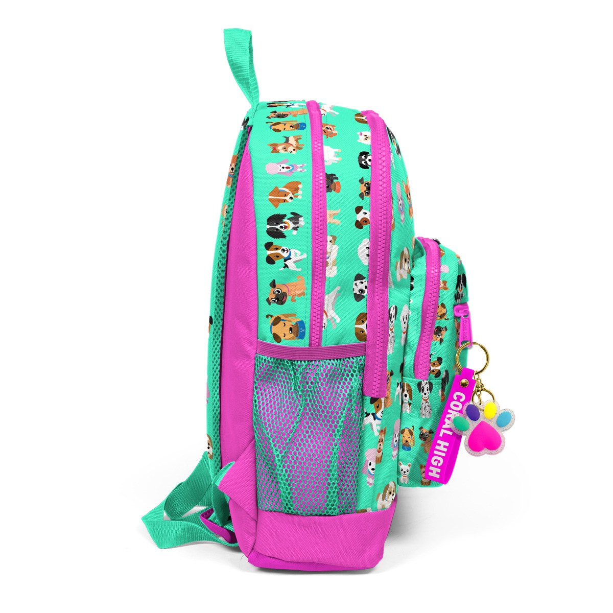 Coral High Kids Su Yeşili Neon Pembe Köpek Desenli Dört Bölmeli USB'li Okul Sırt Çantası 23266