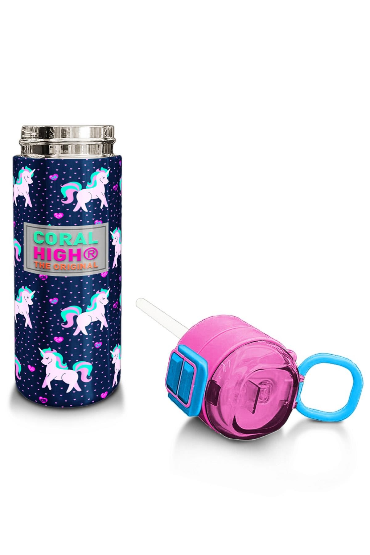 Coral High Kids Lacivert Pembe Unicorn Desenli Pipetli ve Direkt İçim Çelik Termos 500 ml 31915