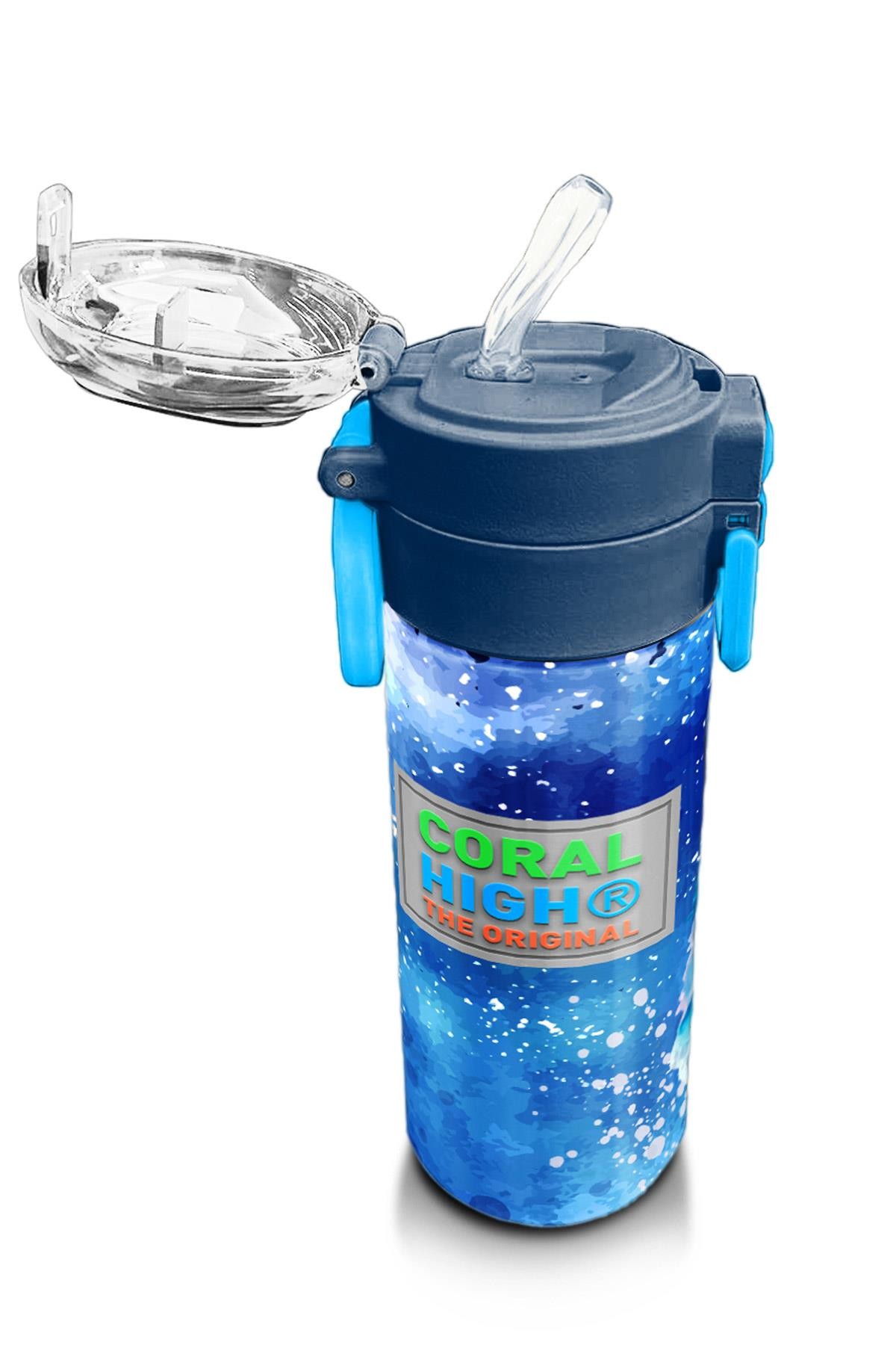 Coral High Kids Lacivert Mavi Kurt Desenli Pipetli ve Direkt İçim Çelik Termos 500 ml 31945