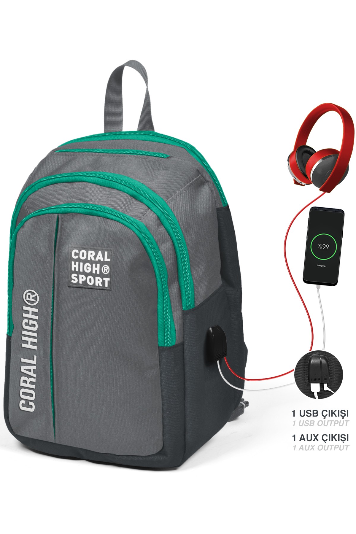 Coral High  Gri Beş Bölmeli USB Şarjlı Kulaklık Çıkışlı Sırt Çantası 23243