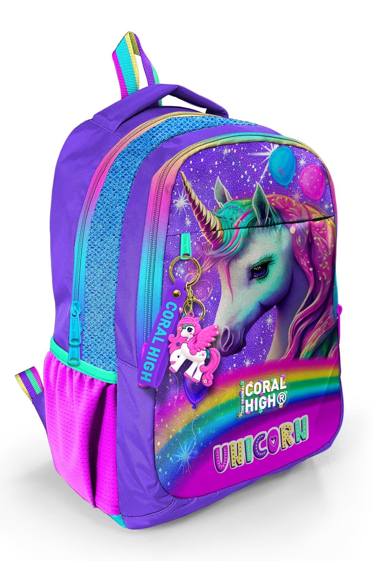 Coral High Kids Mor Simli Unicorn Desenli Üç Bölmeli Okul Sırt Çantası 23663