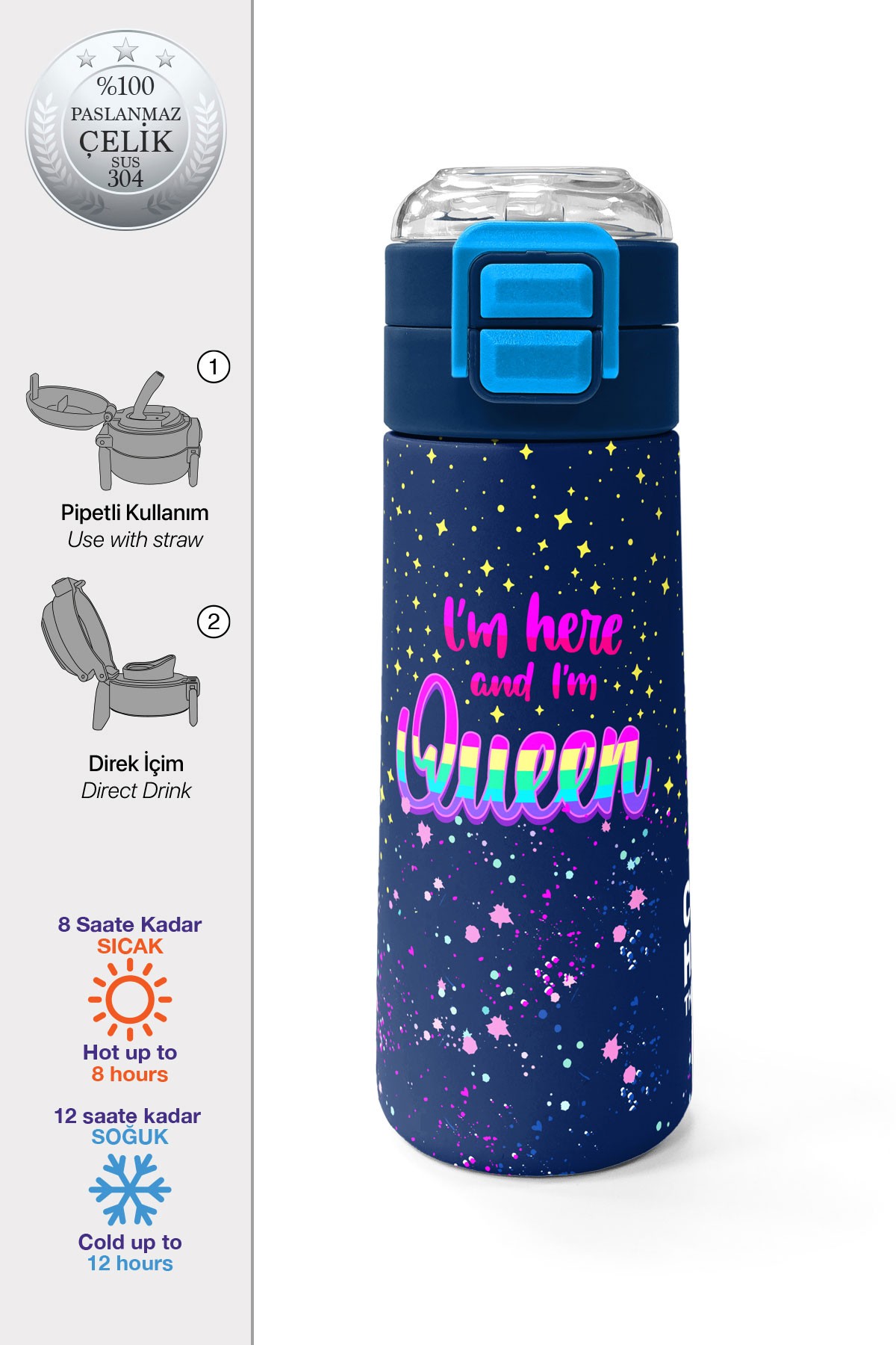Coral High Kids Çok Renkli Lacivert Desenli Pipetli ve Direkt İçim Çelik Termos 500 ml 31848