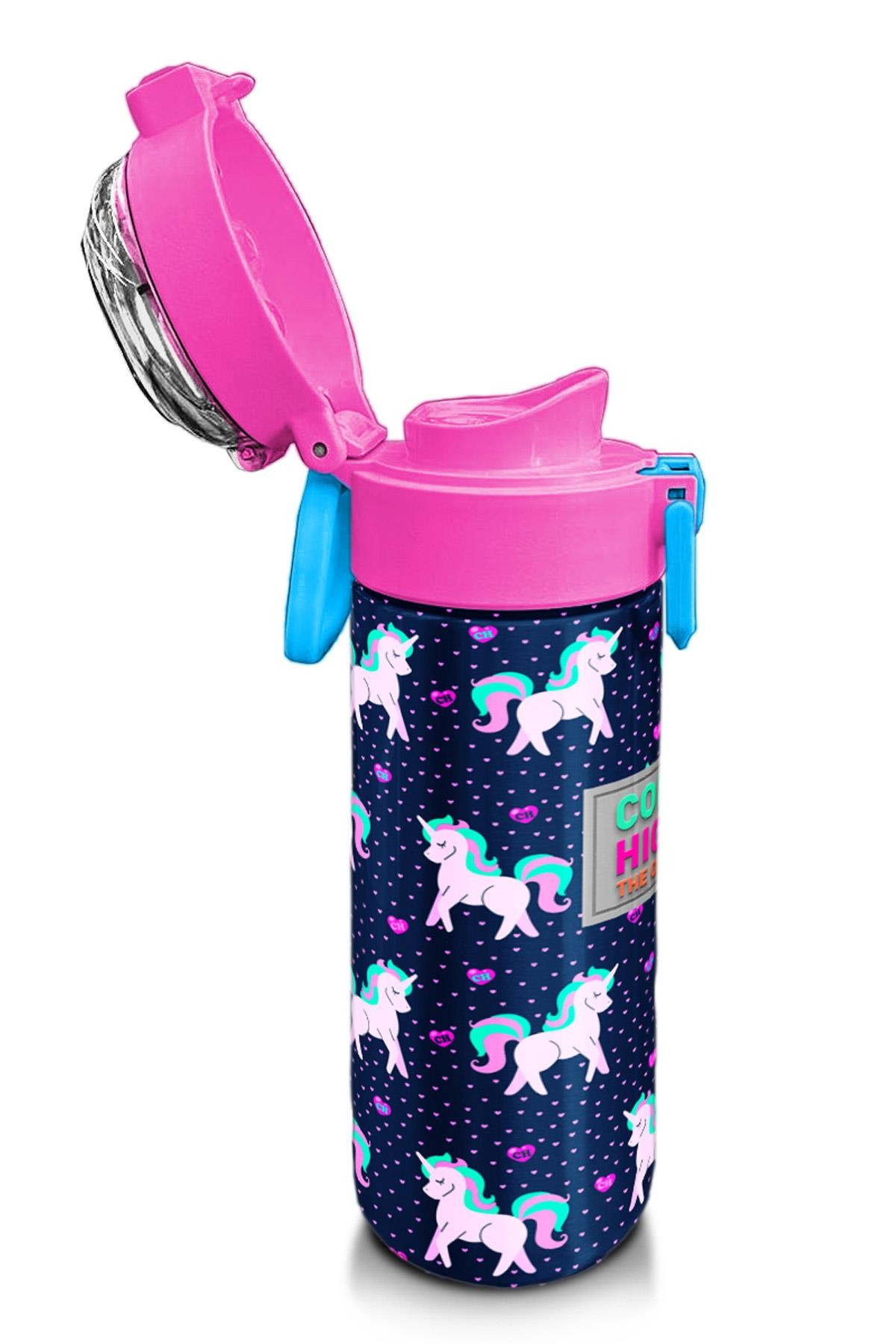 Coral High Kids Lacivert Pembe Unicorn Desenli Pipetli ve Direkt İçim Çelik Termos 500 ml 31915