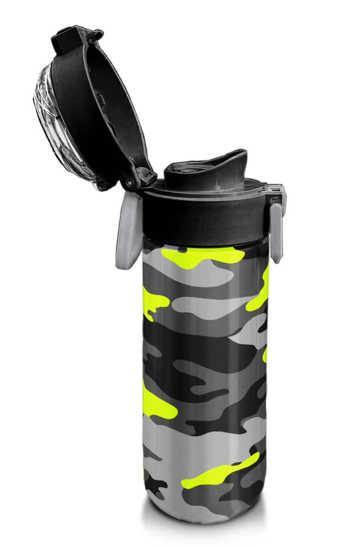 Coral High Kids Siyah Gri Kamuflaj Desenli Pipetli ve Direkt İçim Çelik Termos 500 ml 31909