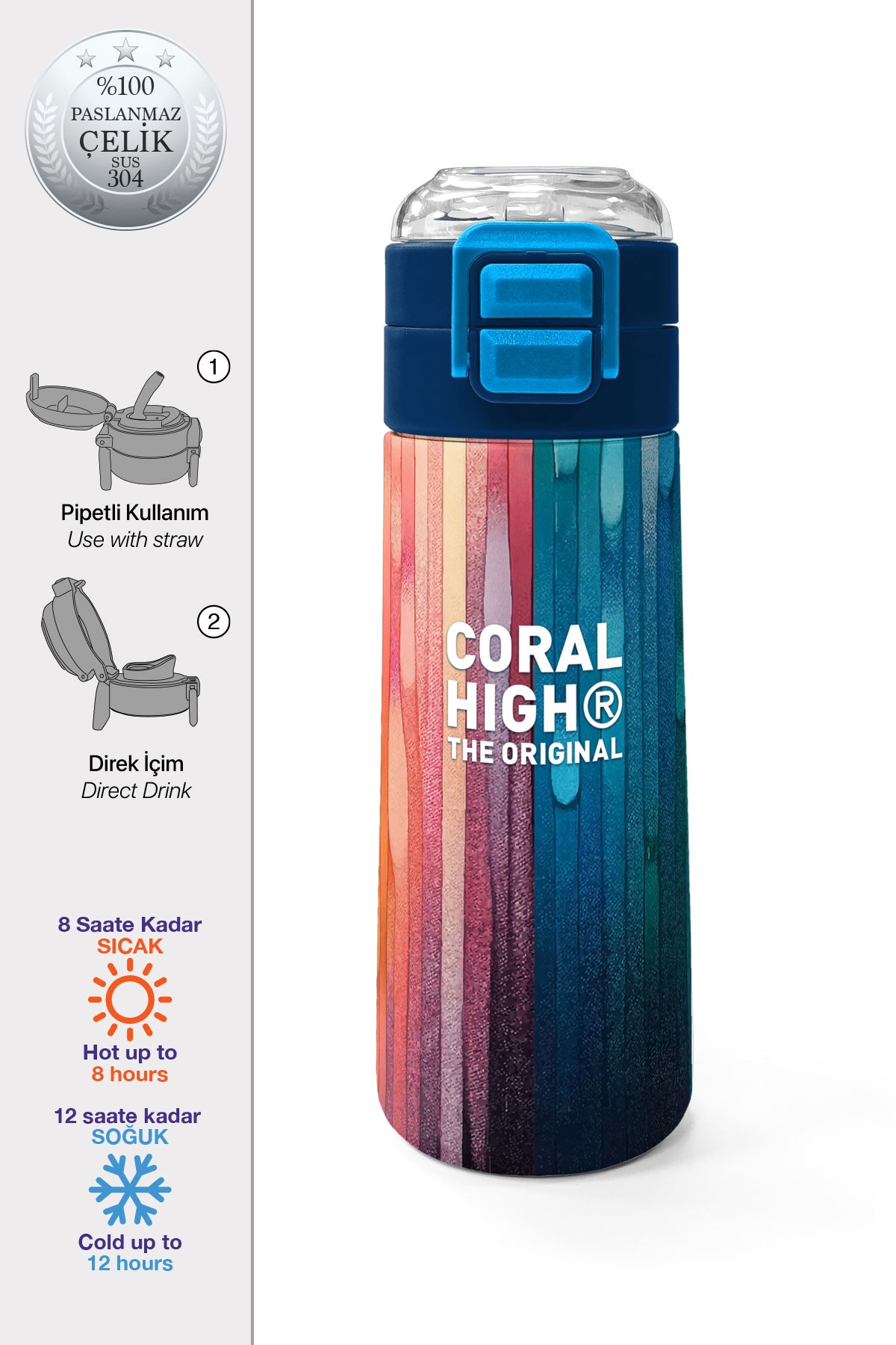 Coral High Kids Lacivert Renkli Çizgili Desenli Pipetli ve Direkt İçim Çelik Termos 500 ml 31890