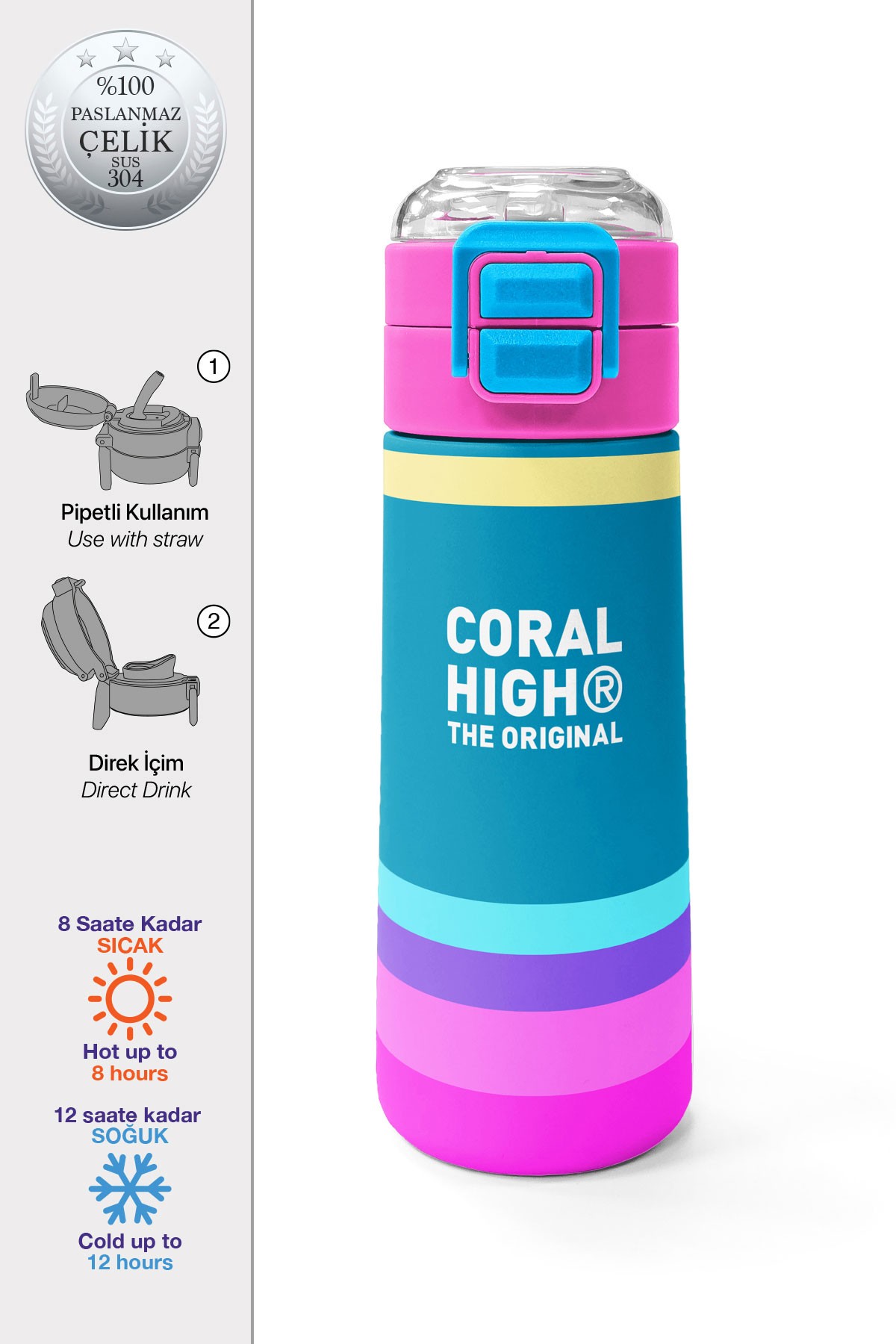 Coral High Kids Pembe Pastel Renkli Pipetli ve Direkt İçim Çelik Termos 500 ml 31960