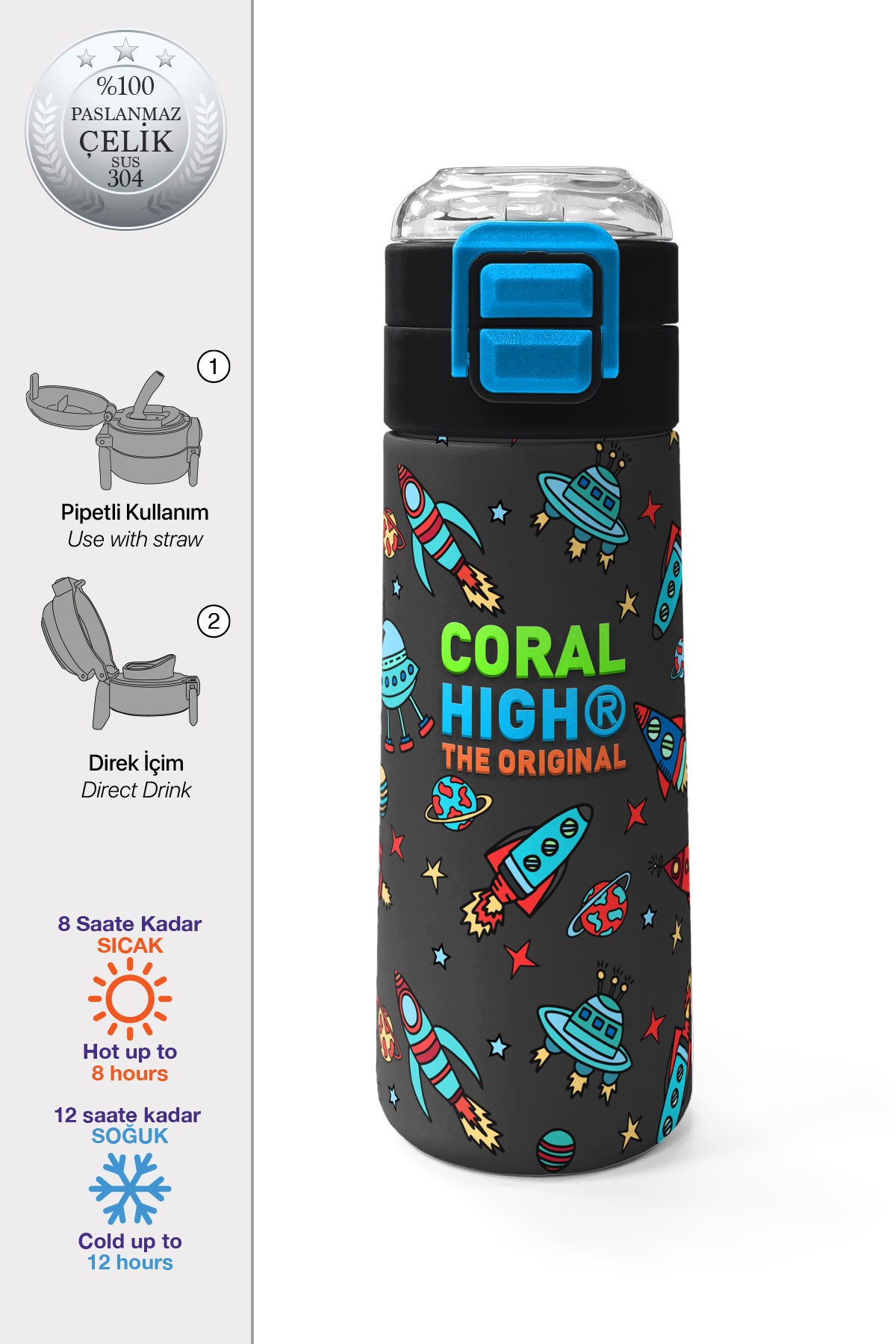 Coral High Kids Koyu Gri Kırmızı Uzay Desenli Pipetli ve Direkt İçim Çelik Termos 500 ml 31916