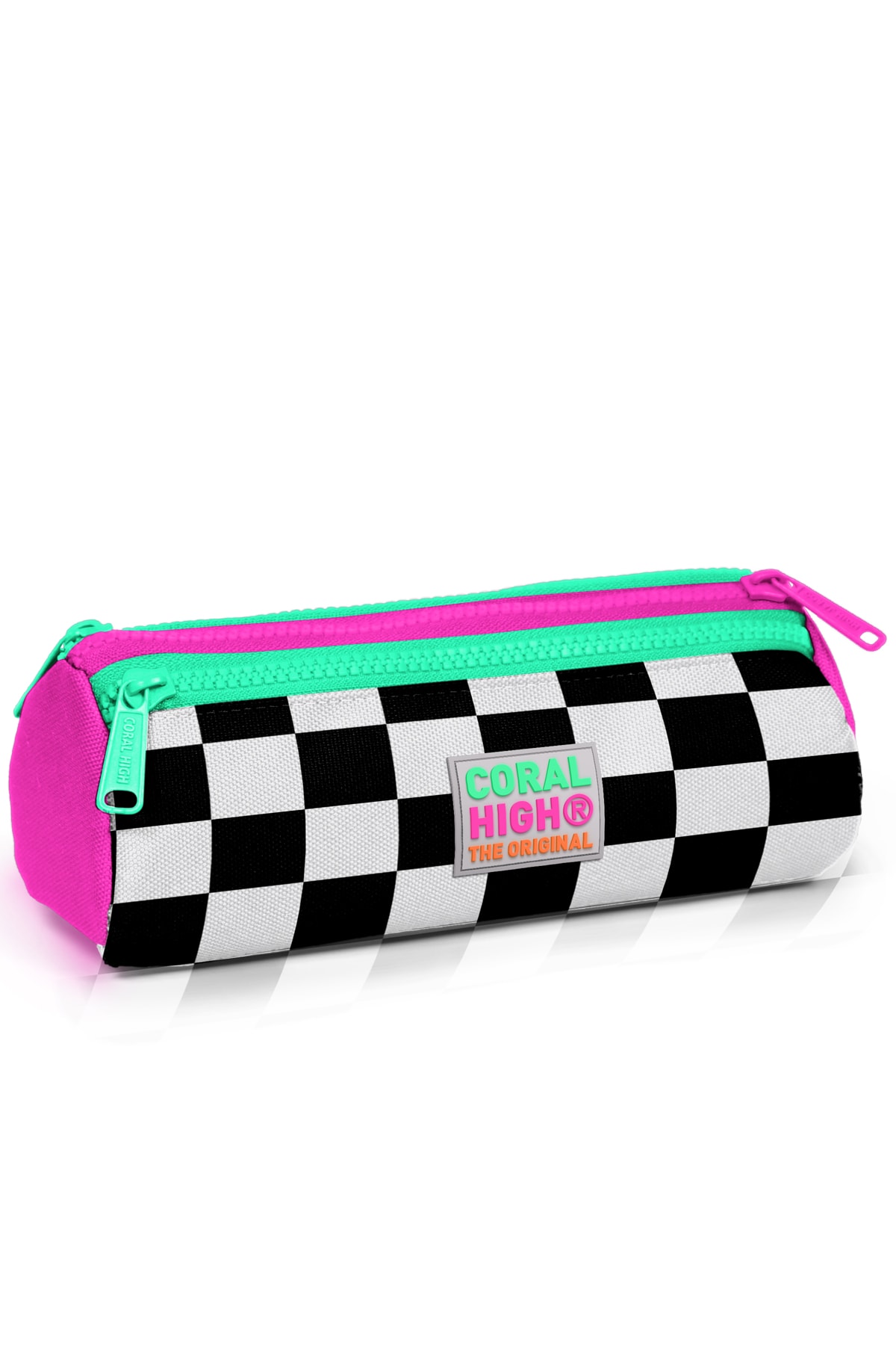Coral High Kids  Neon Pembe Dama Desenli Üç Bölmeli Kalem Çantası 22001