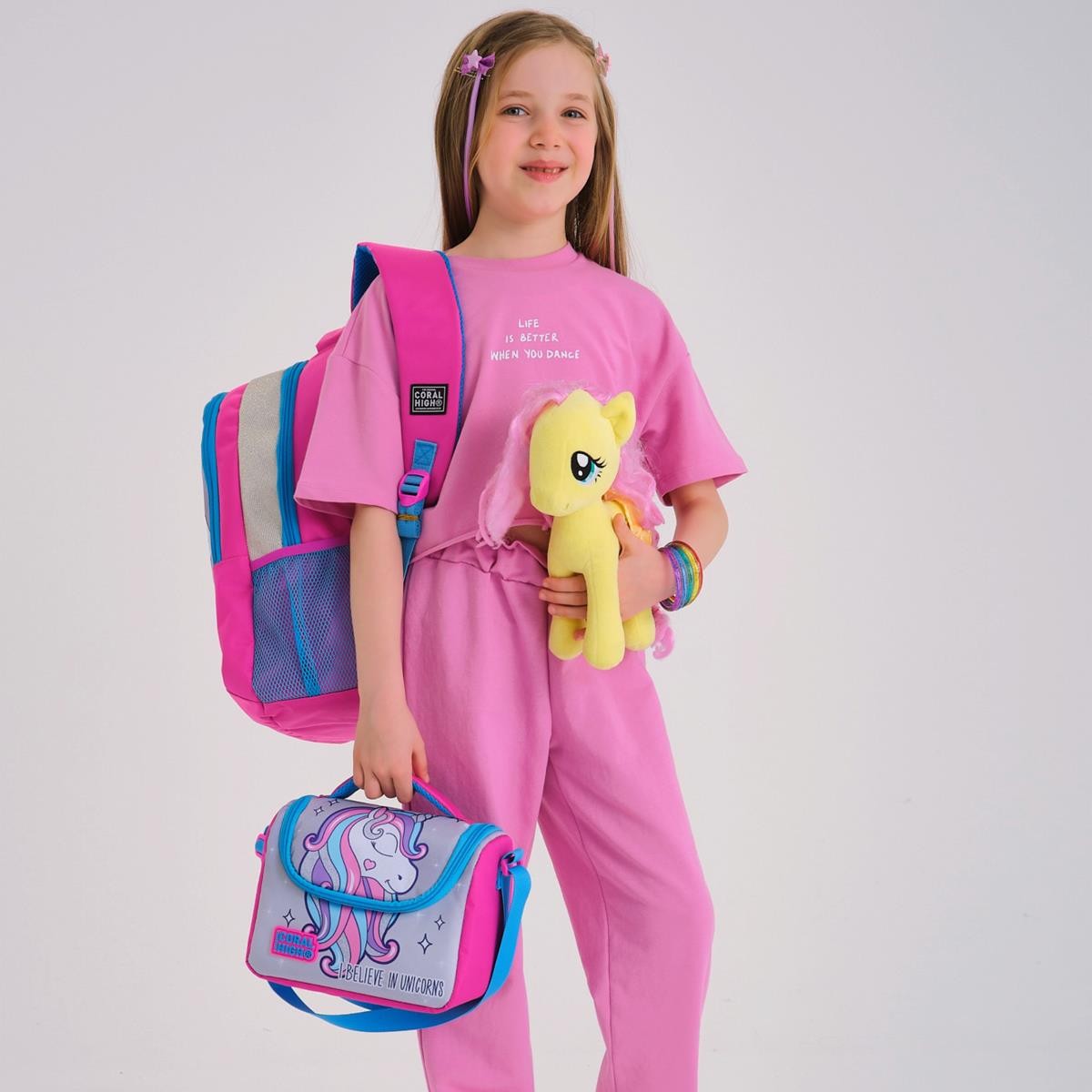 Coral High Kids Pembe Gümüş Simli Unicorn Desenli 3’lü Okul Çanta Seti SET0114383