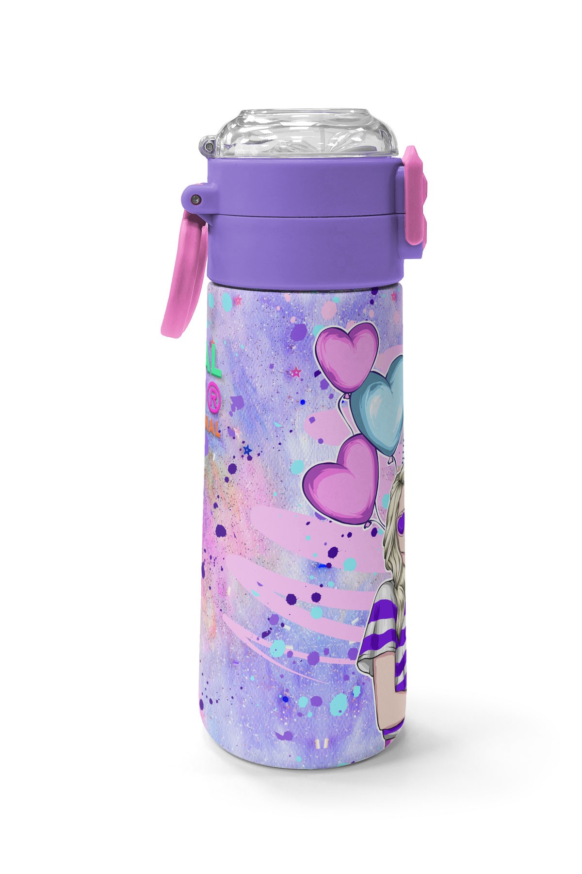 Coral High Kids Pembe Mor Fashion Girl Desenli Pipetli ve Direkt İçim Çelik Termos 500 ml 31956