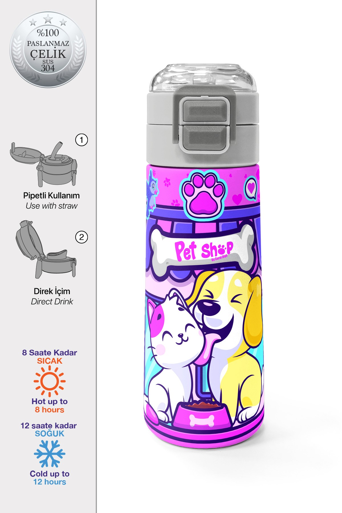 Coral High Kids Kedi Köpek Desenli Pipetli ve Direkt İçim Çelik Termos 500 ml 31810