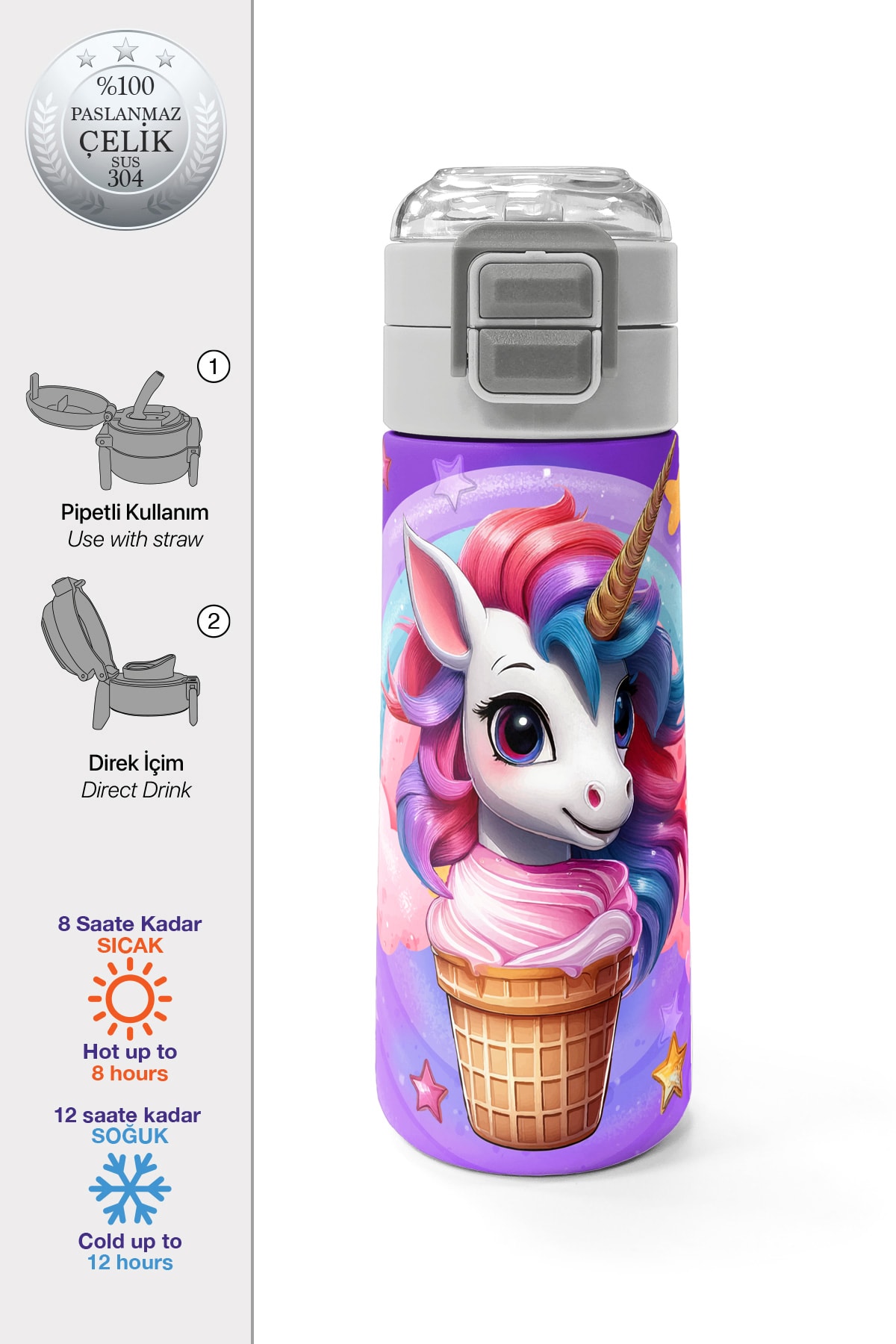 Coral High Kids Mor Pembe Unicorn Dondurma Desenli Pipetli ve Direkt İçim Çelik Termos 500 ml 31859