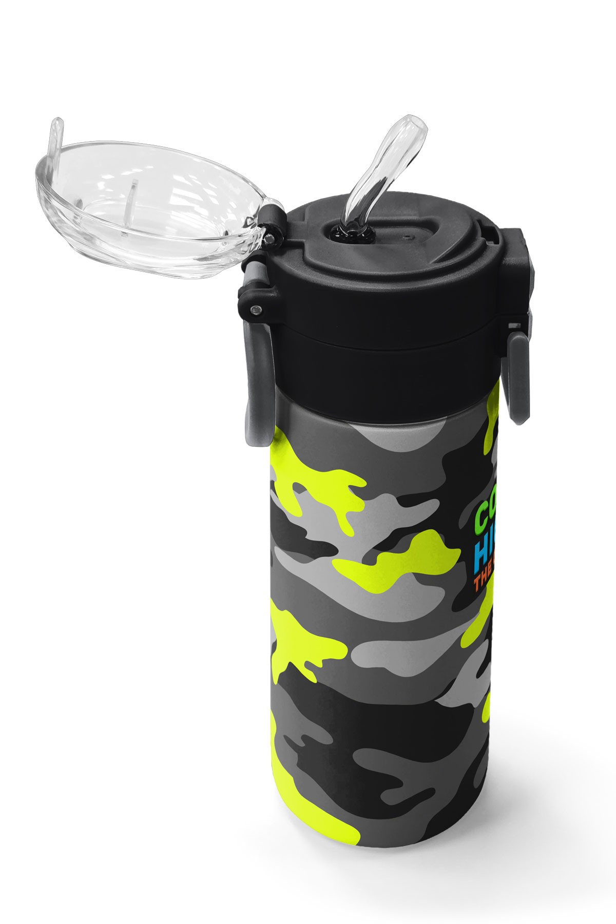 Coral High Kids Siyah Gri Kamuflaj Desenli Pipetli ve Direkt İçim Çelik Termos 500 ml 31909