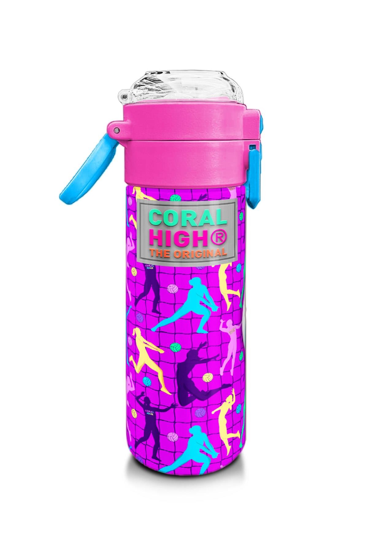 Coral High Kids Pembe Mor Voleybol Desenli Pipetli ve Direkt İçim Çelik Termos 500 ml 31795