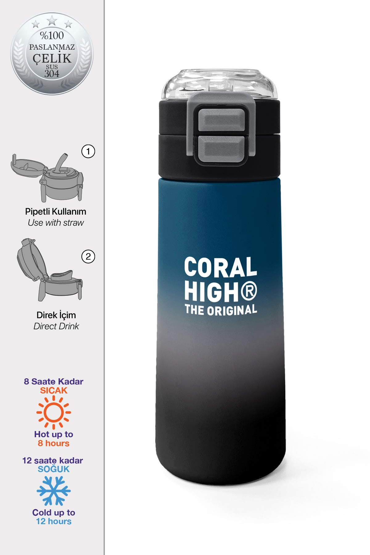 Coral High Kids Nefti Gri Renk Geçişli Pipetli ve Direkt İçim Çelik Termos 500 ml 31855
