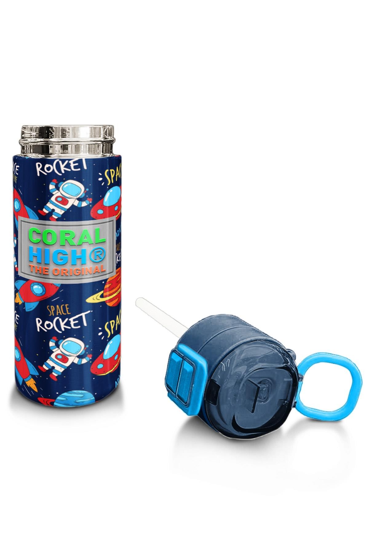 Coral High Kids Lacivert Mavi Uzay Desenli Pipetli ve Direkt İçim Çelik Termos 500 ml 31917