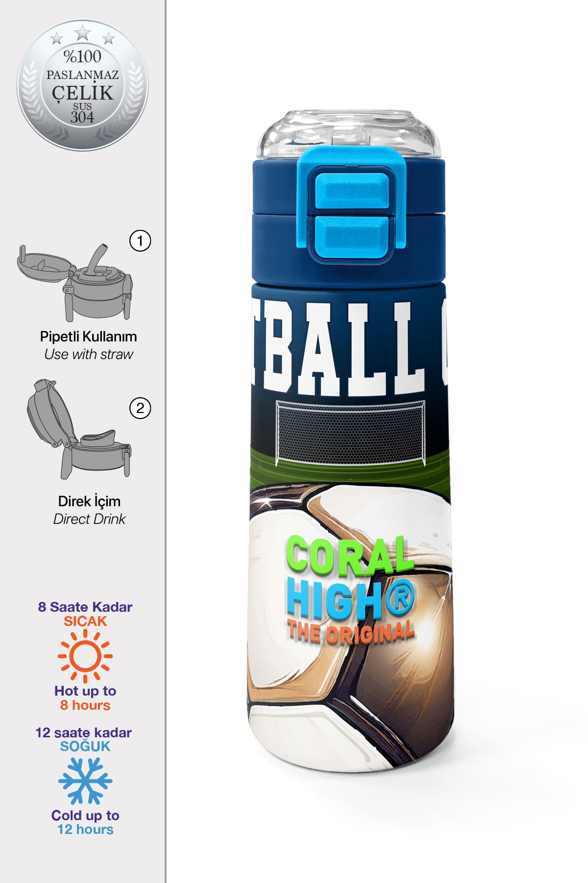 Coral High Kids Lacivert Futbol Desenli Pipetli ve Direkt İçim Çelik Termos 500 ml 31995
