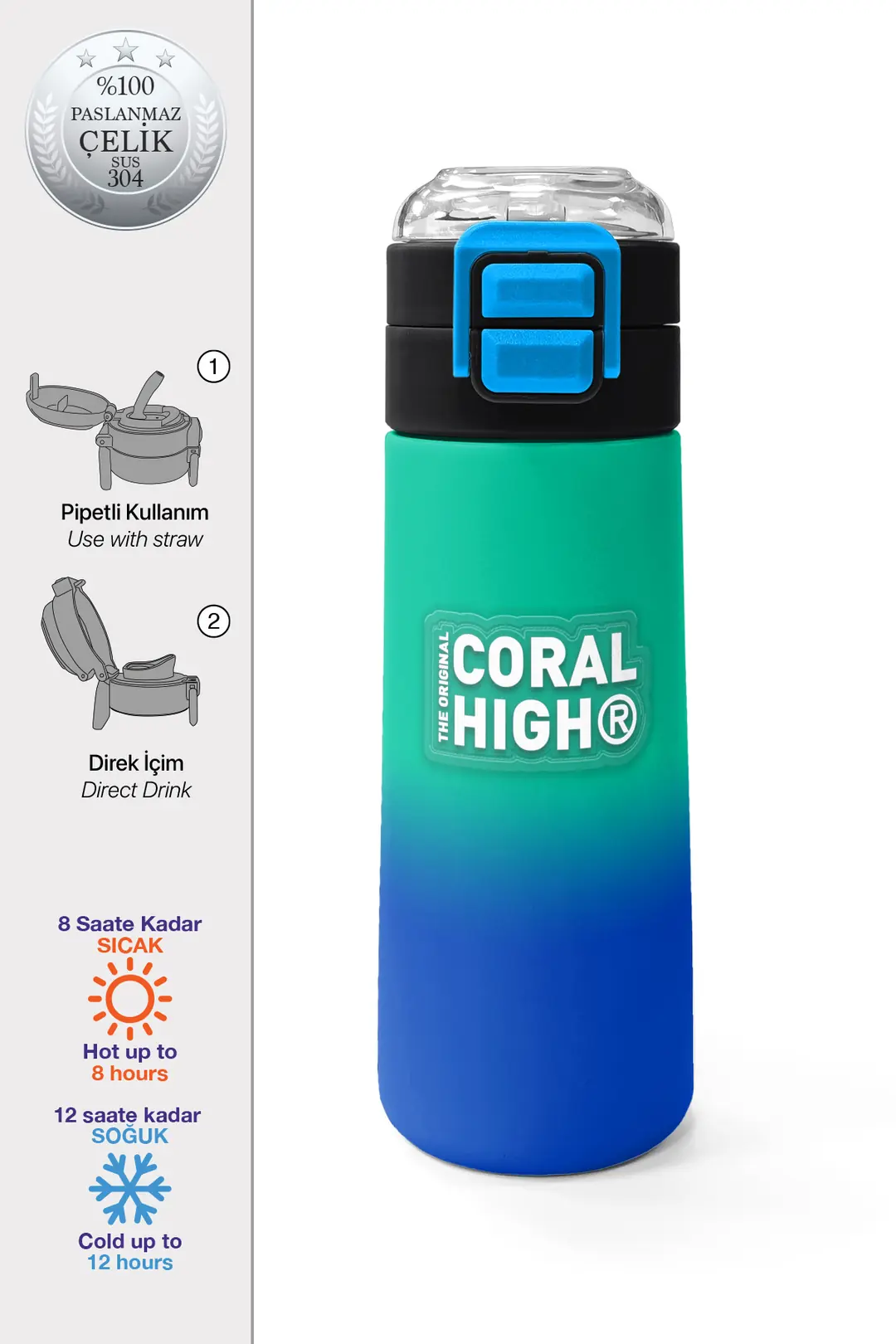 Coral High Kids Yeşil Saks Renk Geçişli Pipetli ve Direkt İç