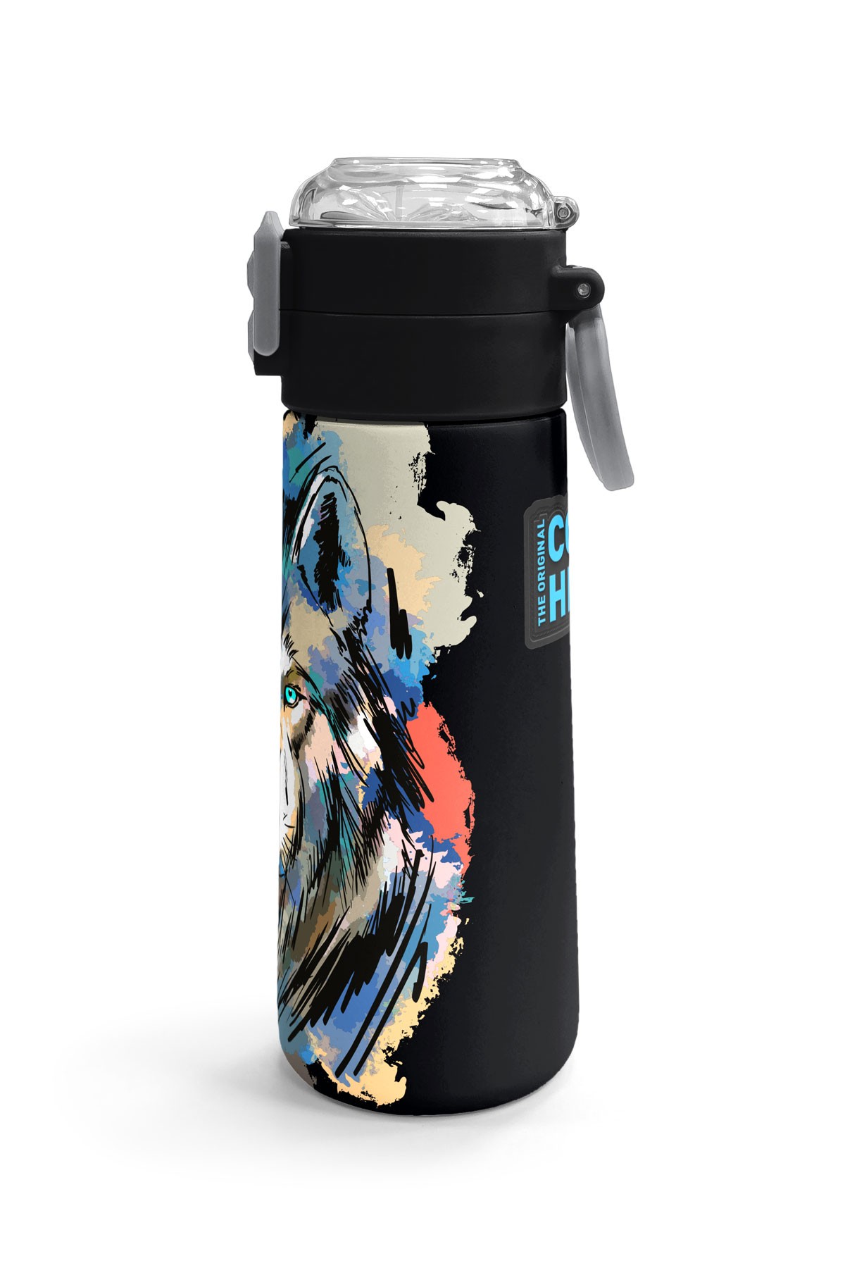 Coral High Kids Gri Siyah Kurt Desenli Pipetli ve Direkt İçim Çelik Termos 500 ml 31832