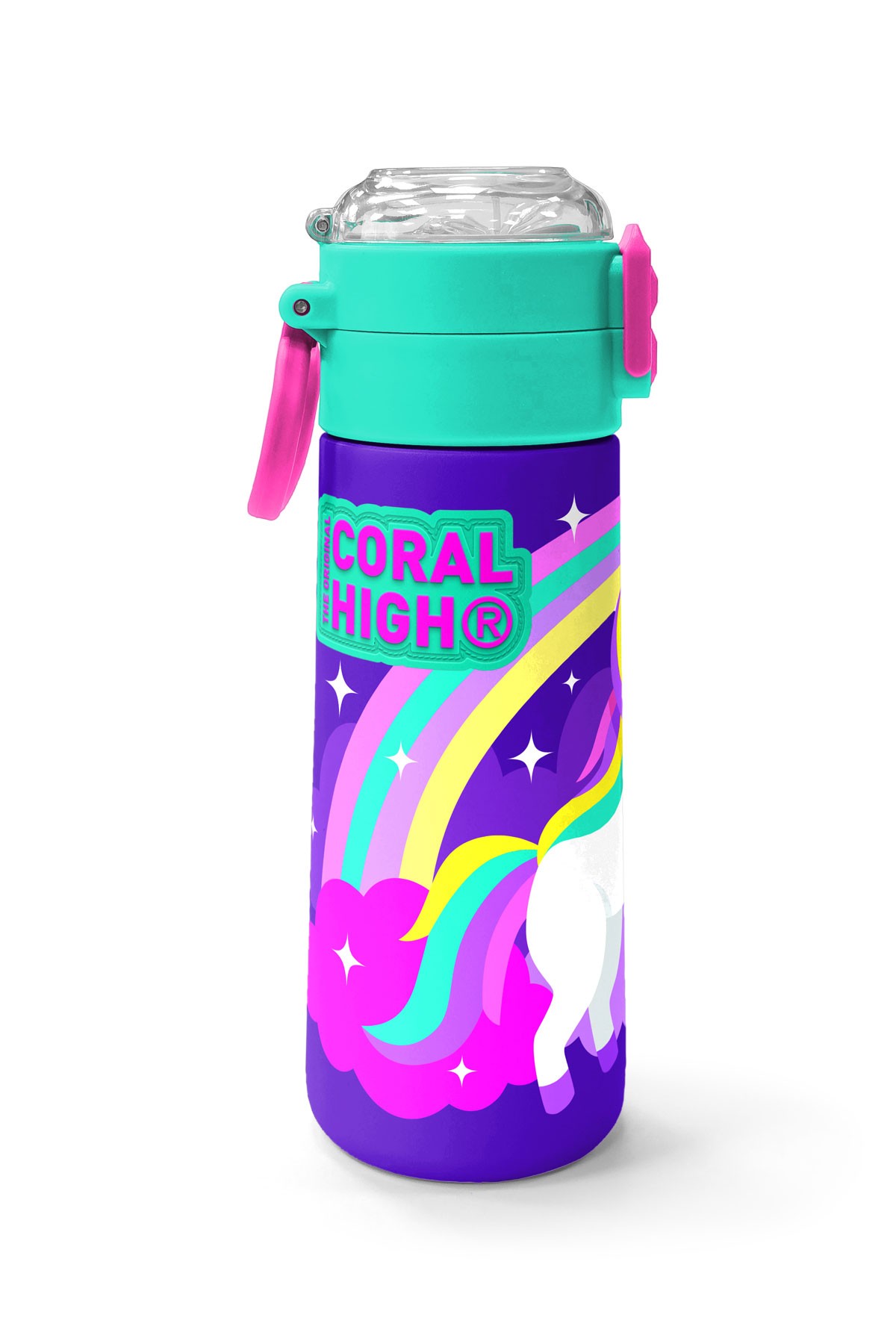 Coral High Kids Mor Su Yeşili Unicorn Desenli Pipetli ve Direkt İçim Çelik Termos 500 ml 31818