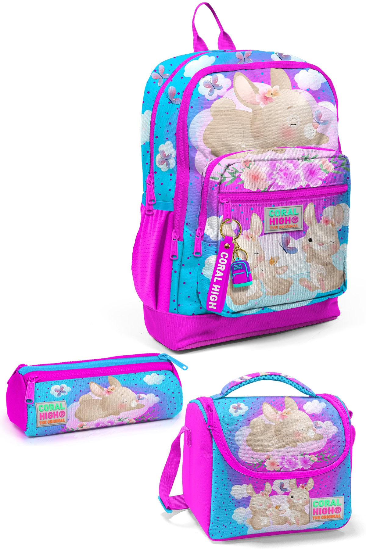 Coral High Kids Mavi Pembe Tavşan Desenli 3’lü Okul Çanta Seti SET0123736