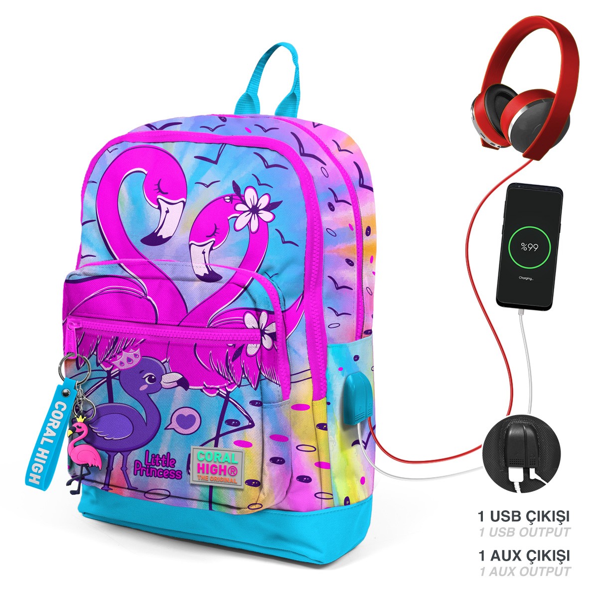 Coral High Kids Mavi Pembe Flamingo Desenli Dört Bölmeli USB'li Okul Sırt Çantası 23830