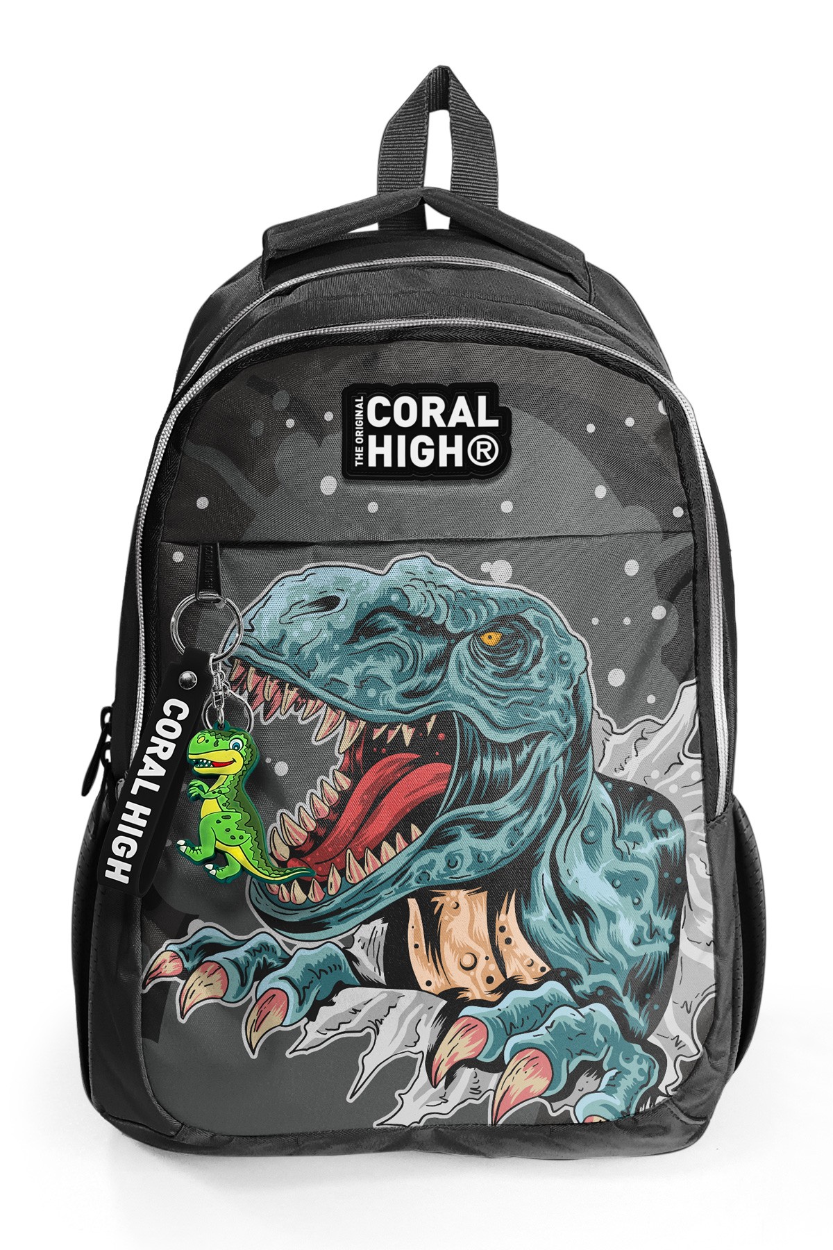 Coral High Kids Koyu Gri Siyah Dinozor Desenli Üç Bölmeli Okul Sırt Çantası 14386