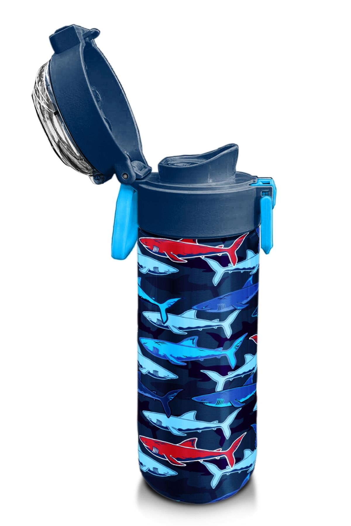 Coral High Kids Lacivert Kırmızı Köpek Balığı Desenli Pipetli ve Direkt İçim Çelik Termos 500 ml 31930