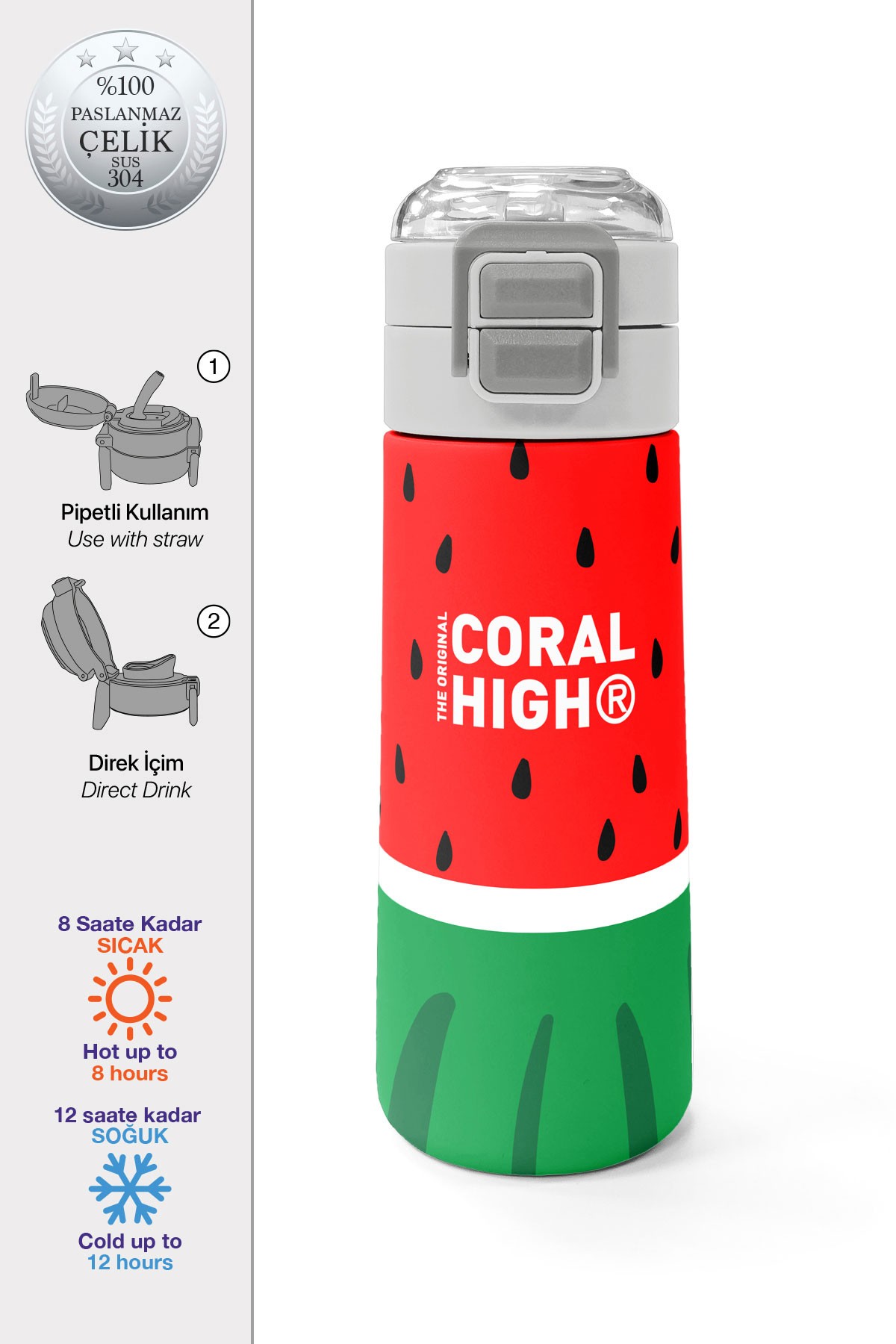 Coral High Kids Kırmızı Yeşil Karpuz Desenli Pipetli ve Direkt İçim Çelik Termos 500 ml 31866