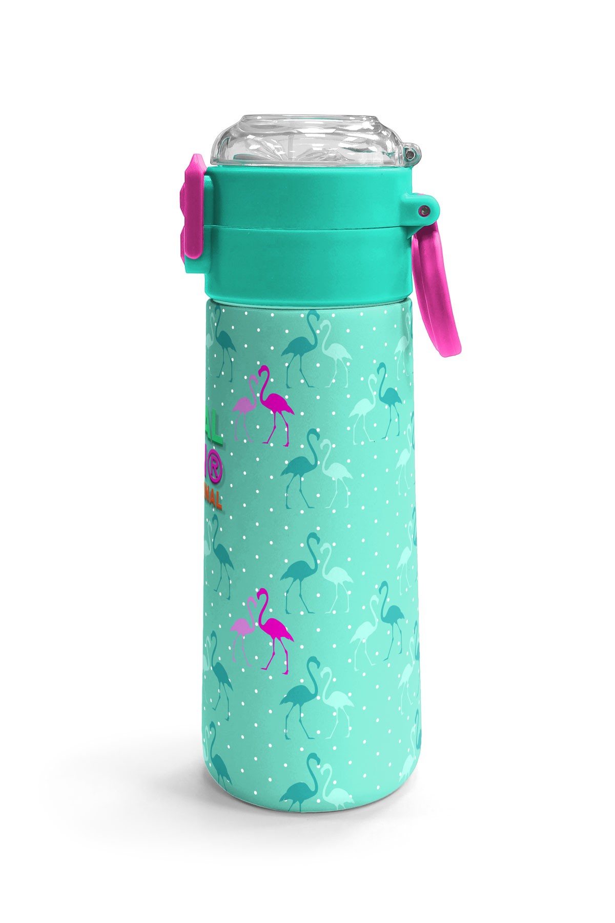 Coral High Kids Su Yeşili Neon Pembe Flamingo Desenli Pipetli ve Direkt İçim Çelik Termos 500 ml 31904