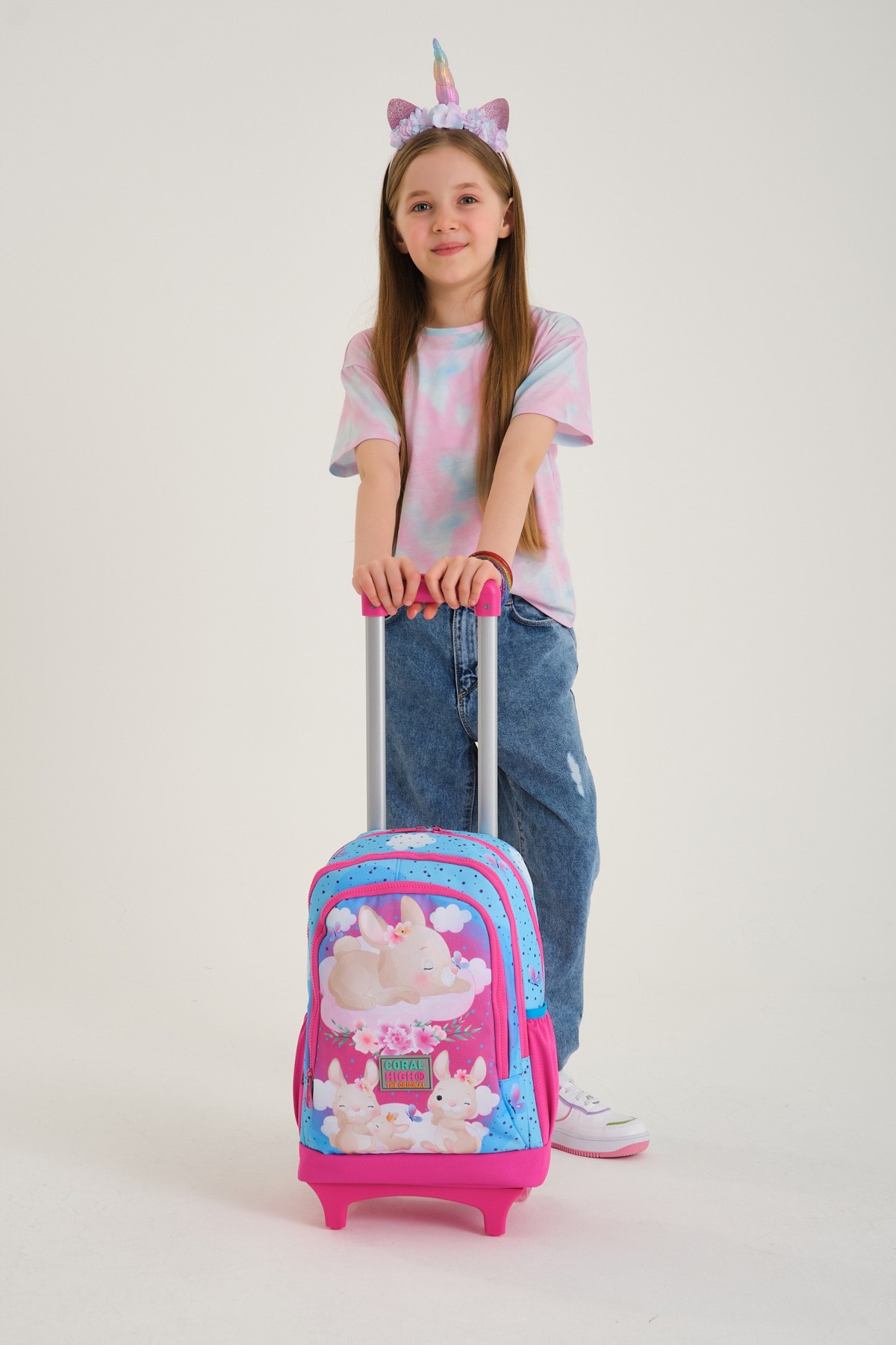 Coral High Kids Mavi Pembe Tavşan Desenli Üç Bölmeli Çekçekli Okul Sırt Çantası 23936