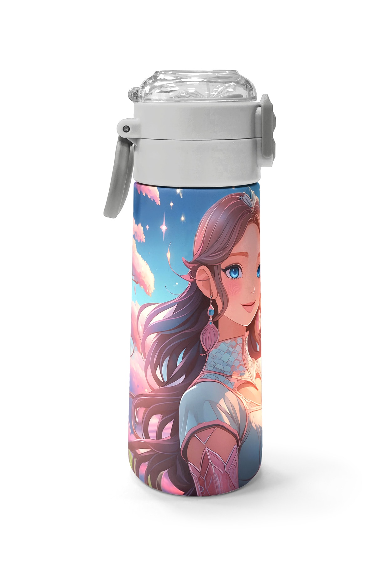 Coral High Kids Turkuaz Pembe Anime Kız Desenli Pipetli ve Direkt İçim Çelik Termos 500 ml 31858