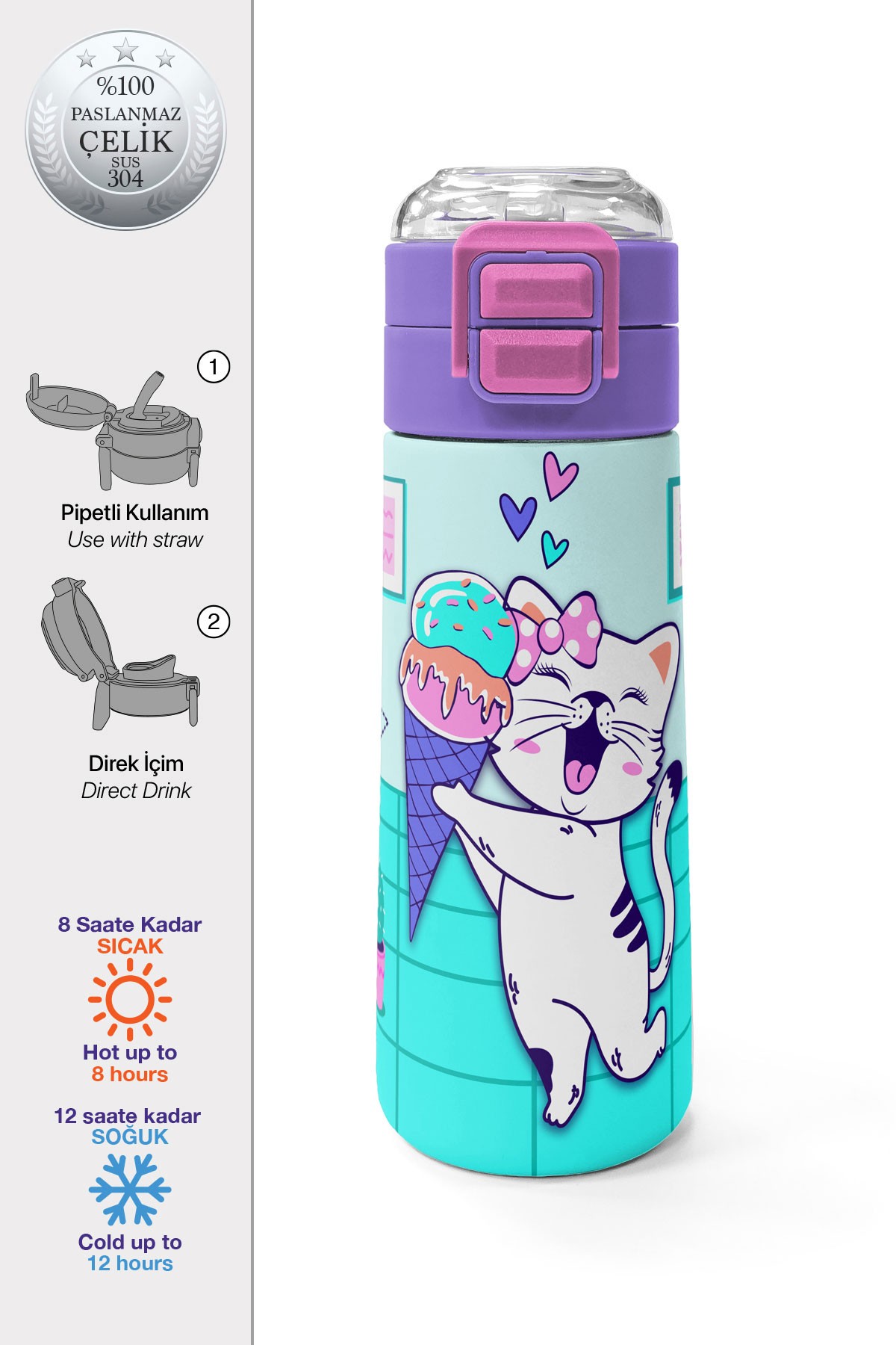 Coral High Kids Turkuaz Pembe Dondurmalı Desenli Pipetli ve Direkt İçim Çelik Termos 500 ml 31952