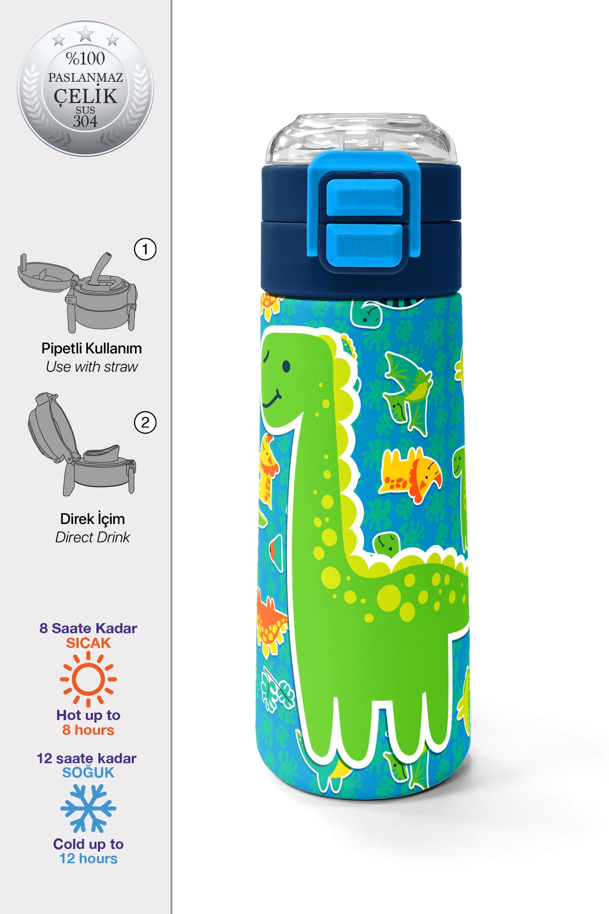 Coral High Kids Mavi Yeşil Dinozor Desenli Pipetli ve Direkt İçim Çelik Termos 500 ml 31798