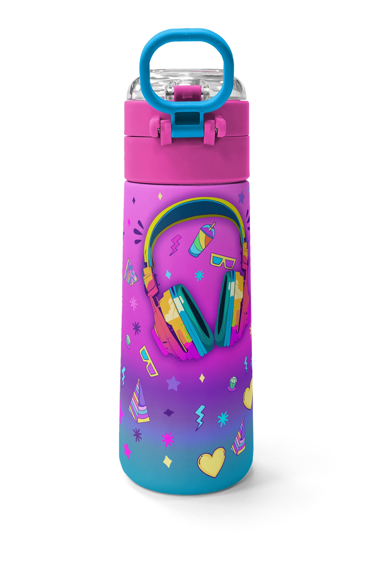 Coral High Kids Pembe Turkuaz Kulaklık Paten Desenli Pipetli ve Direkt İçim Çelik Termos 500 ml 31955